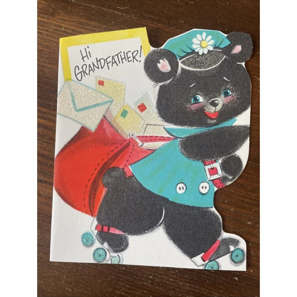 Vintage Anthropomorphic Bear Glitter Father's Day Grandfather Card Buzza Cardozo
